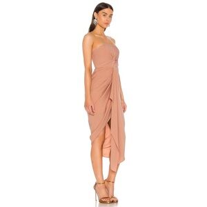 Strapless Twist-Front Midi Dress in Dusty Rose